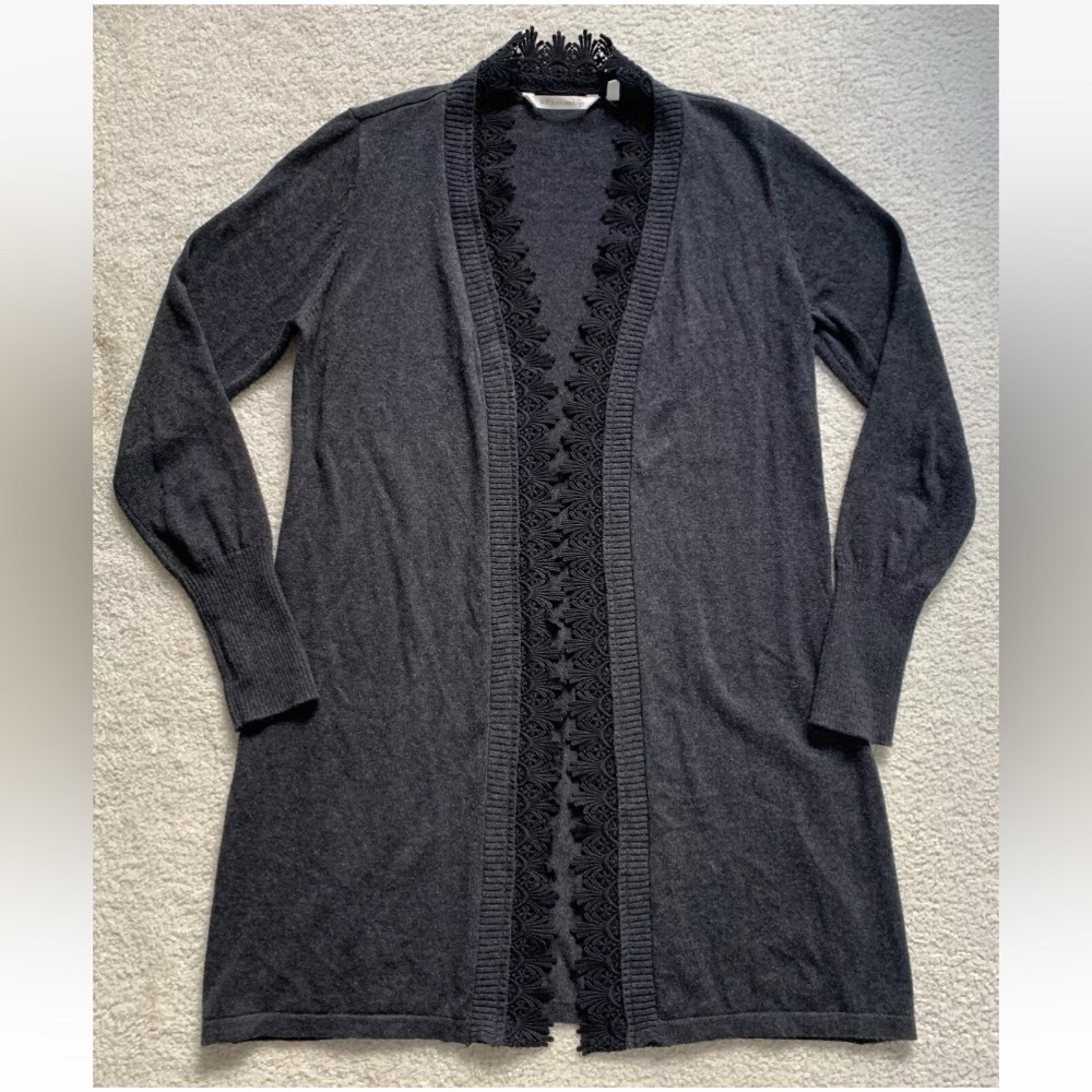Soft Surroundings Cashmere Blend Crochet Trim Cardigan Womens XS Long Luxe Goth